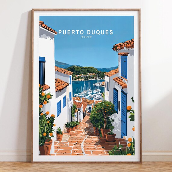 Puerto Duques Spain Orange Tree Street Harbor Marina Travel Poster