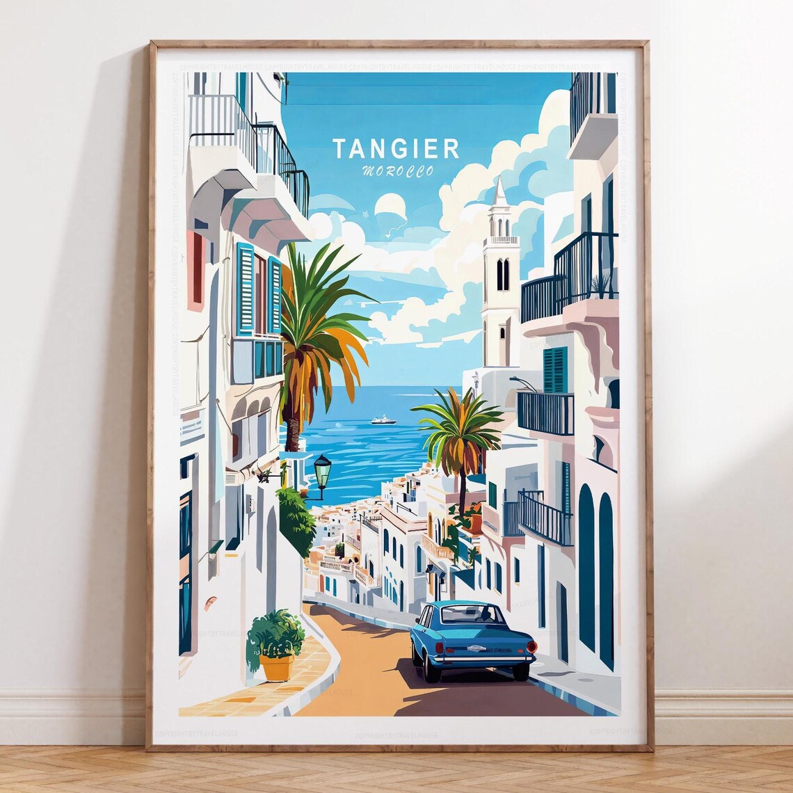 Tangier Morocco Old Town Sea View Blue Balconies Travel Poster