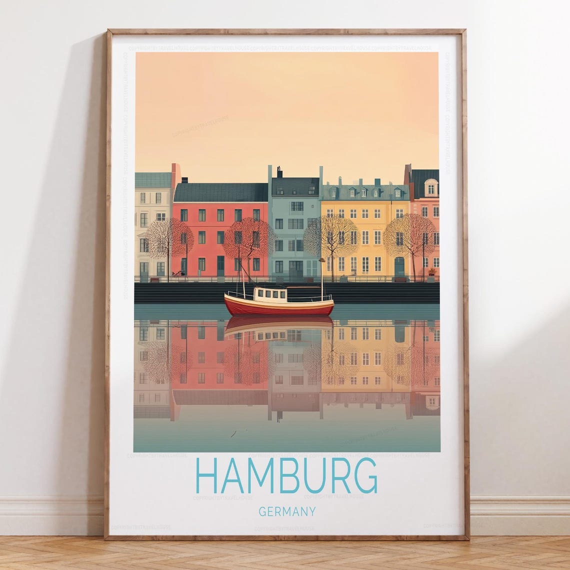 Hamburg Germany Harbor Waterfront Houses Mirror Reflection Poster