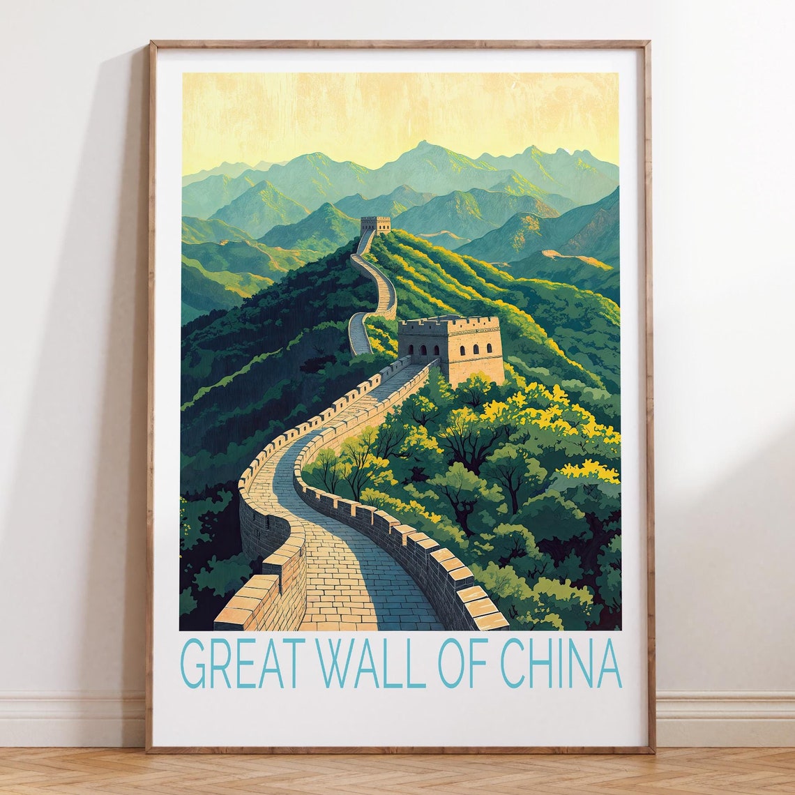 Great Wall of China Green Mountain Panorama Vintage Travel Poster
