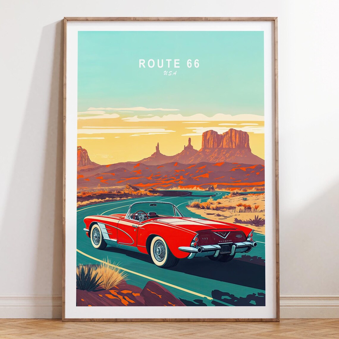 Route 66 USA Red Classic Convertible Desert Drive Travel Poster