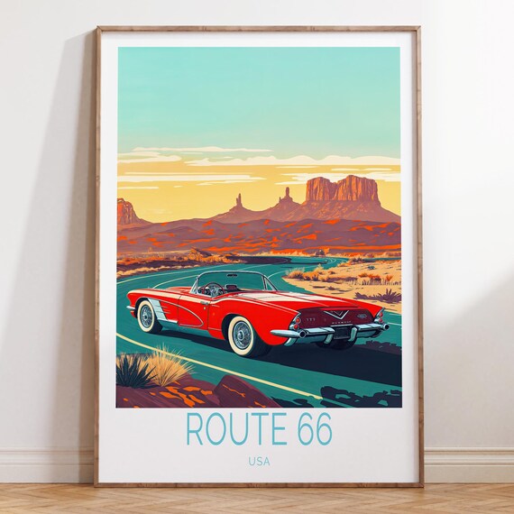 Route 66 USA Red Classic Convertible Desert Road Trip Travel Poster