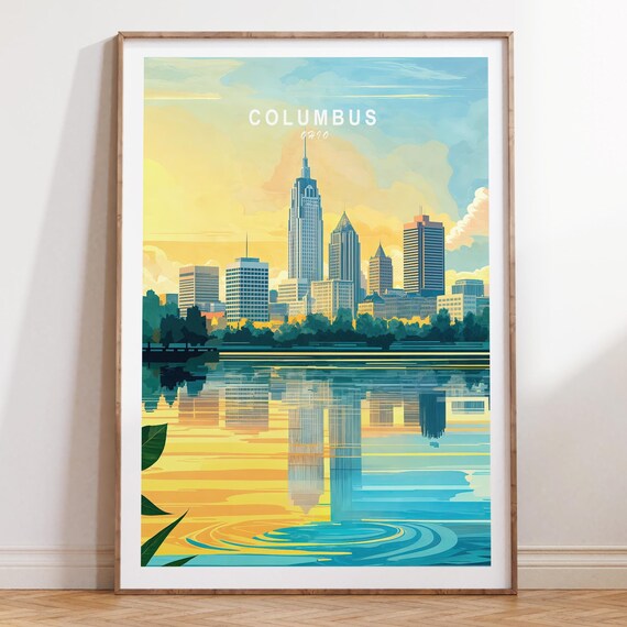 Columbus Ohio Skyline Sunset River Reflection Golden Travel Poster