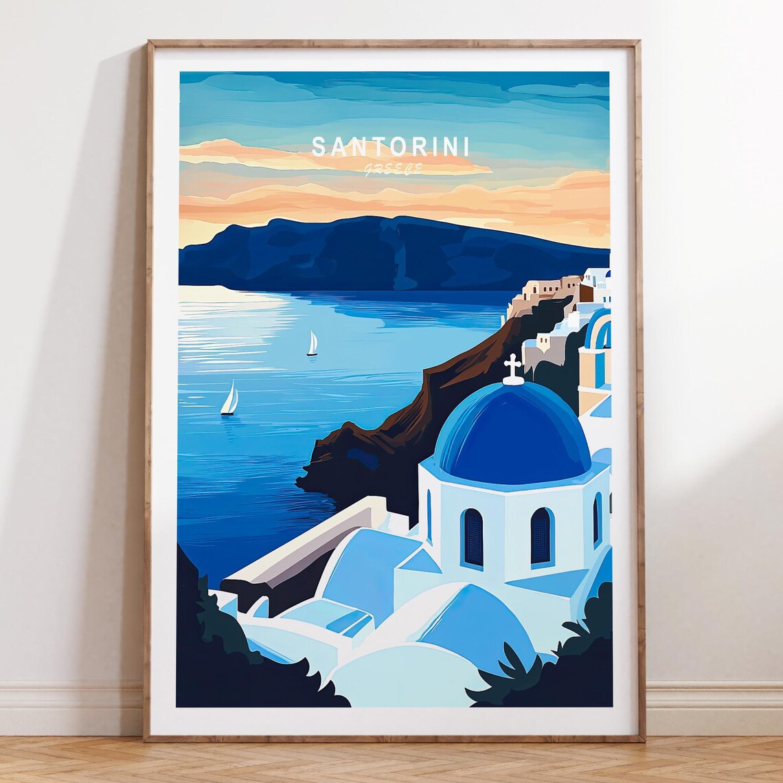 Santorini Greece Stunning Sunset Over Blue Domed Church Poster
