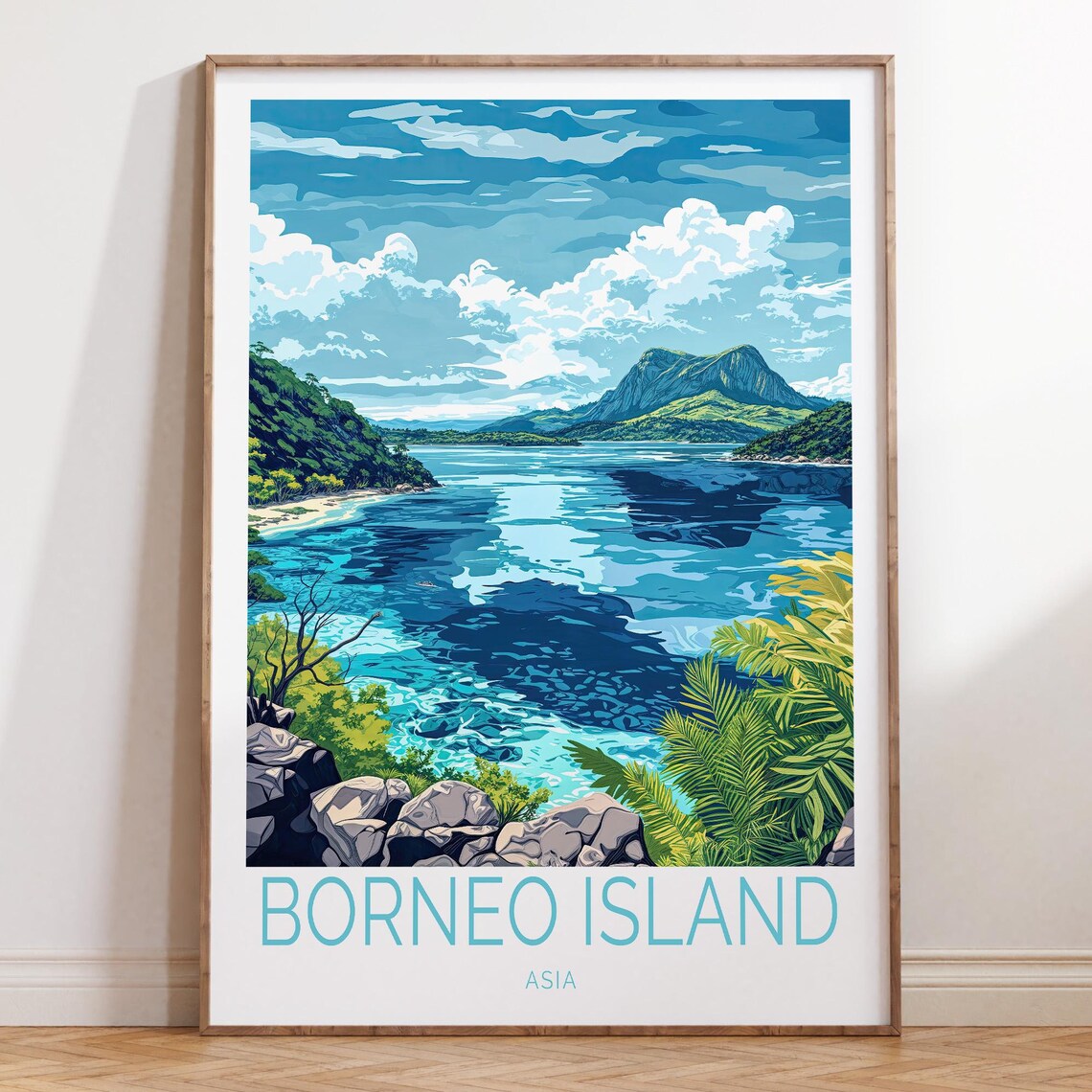 Borneo Island Asia Tropical Bay Mountains and Jungle Travel Poster