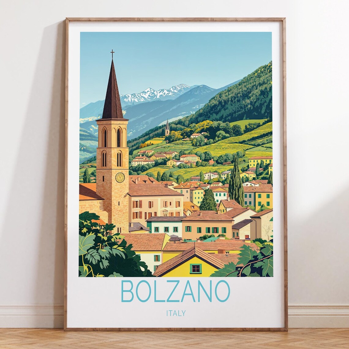 Bolzano Italy Alpine Old Town Church Vintage Travel Art Poster