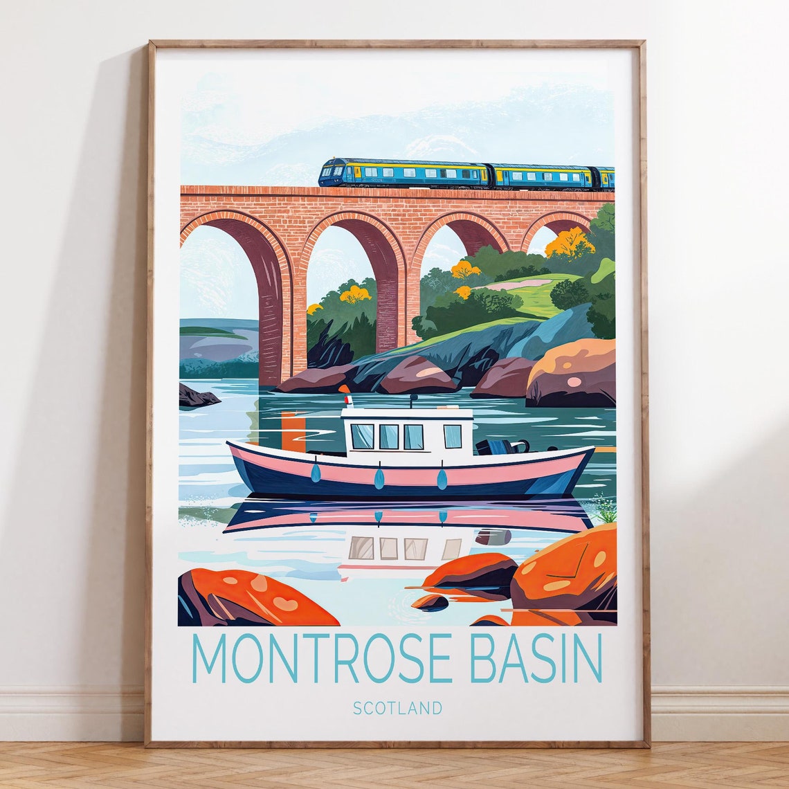Montrose Basin Scotland Viaduct Train and Boat Travel Poster