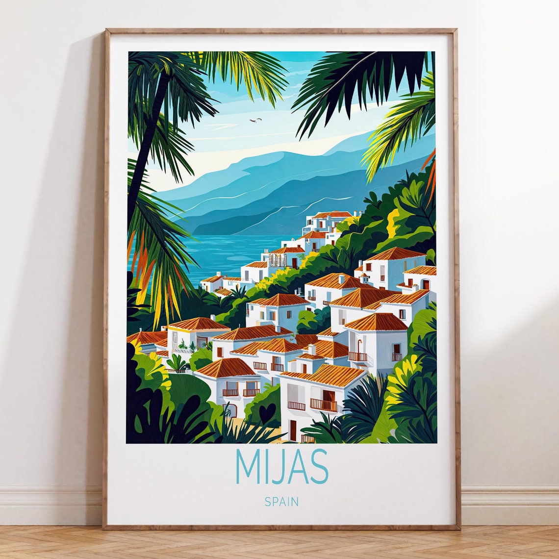 Mijas Spain Poster with Whitewashed Village and Red-Tiled Roofs