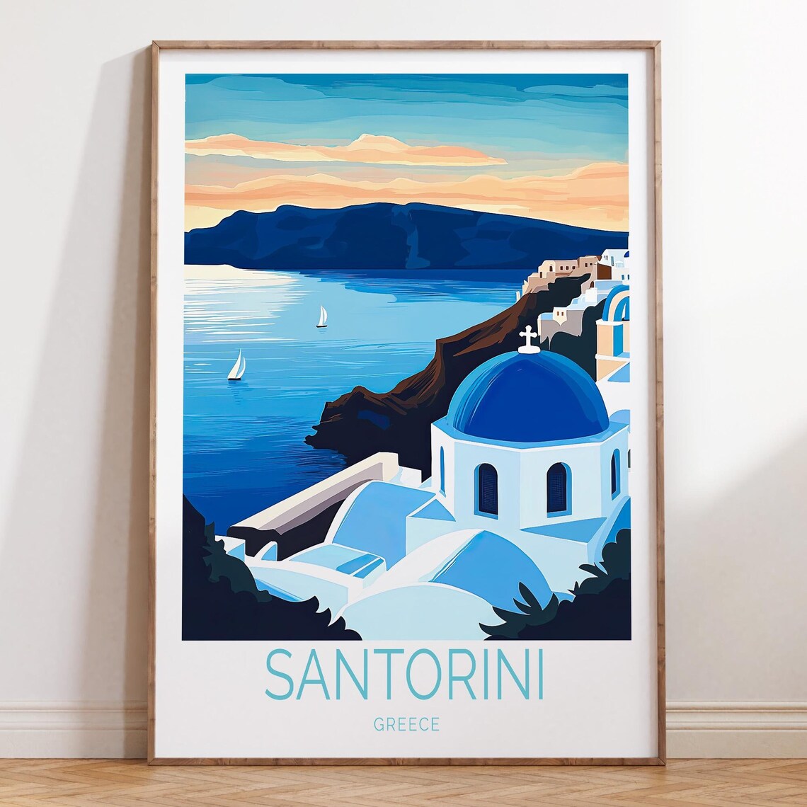 Santorini Greece Aegean Blue Dome Sunset Island View Travel Poster