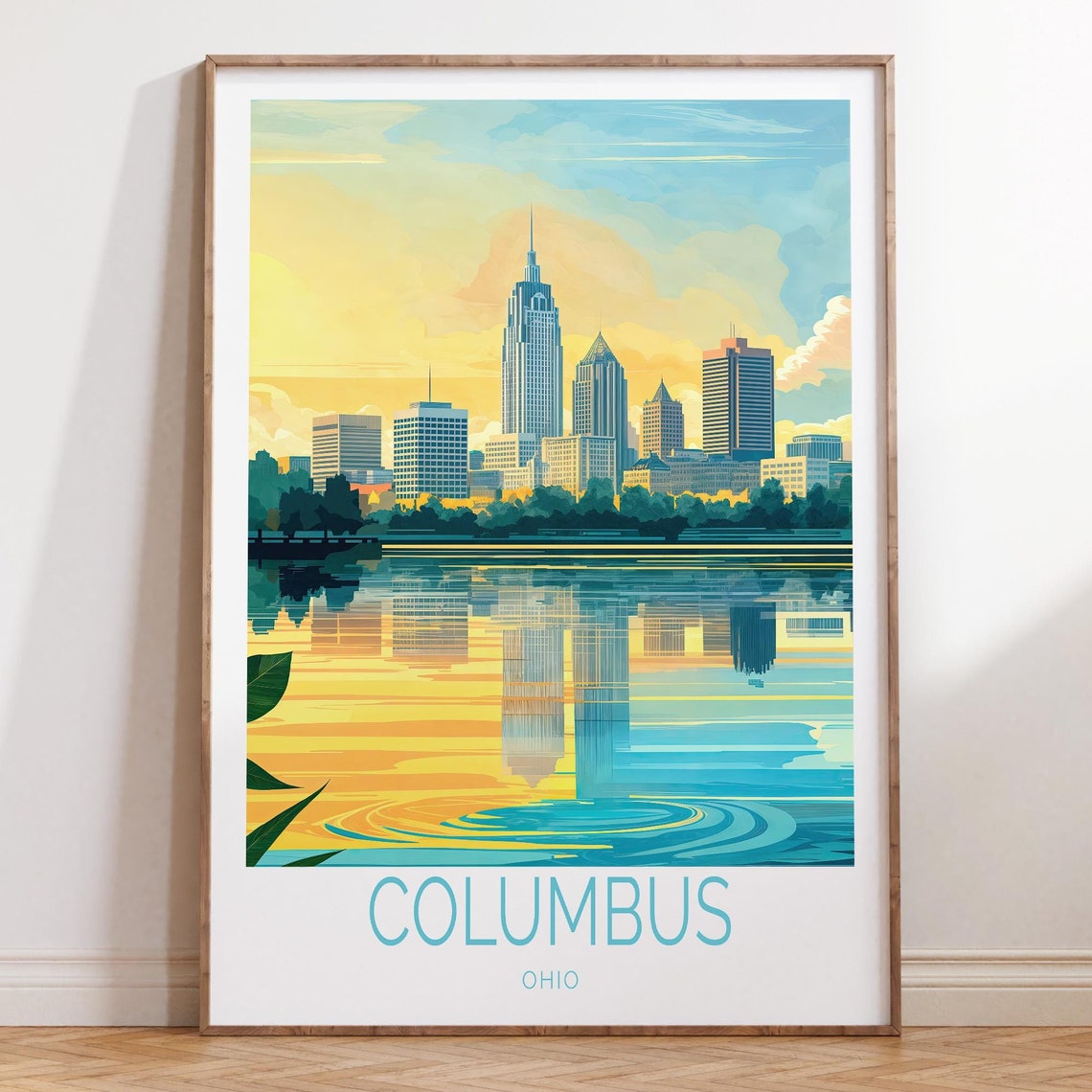 Columbus Ohio Skyline at Sunrise With Lake Reflection Travel Poster