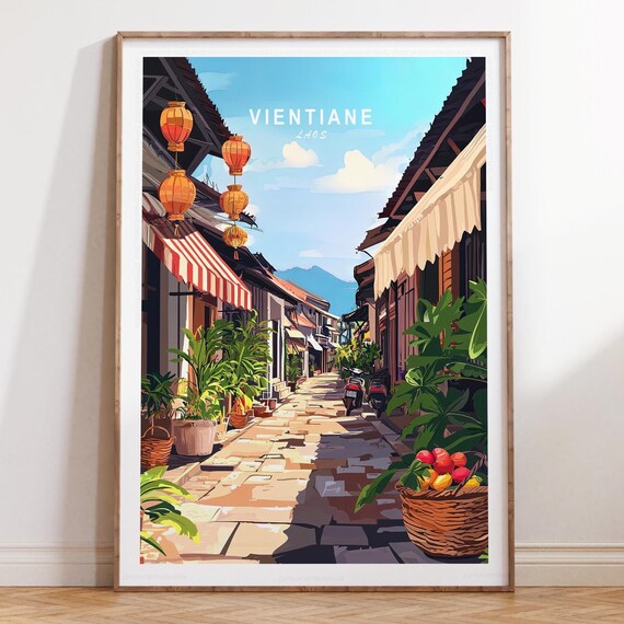Vientiane Laos Lantern Lined Old Street Vintage Travel Poster