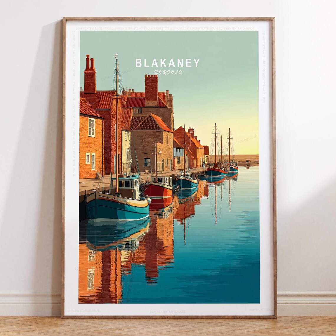 Blakaney Norfolk Quayside Boats Calm Water Illustrated Travel Poster