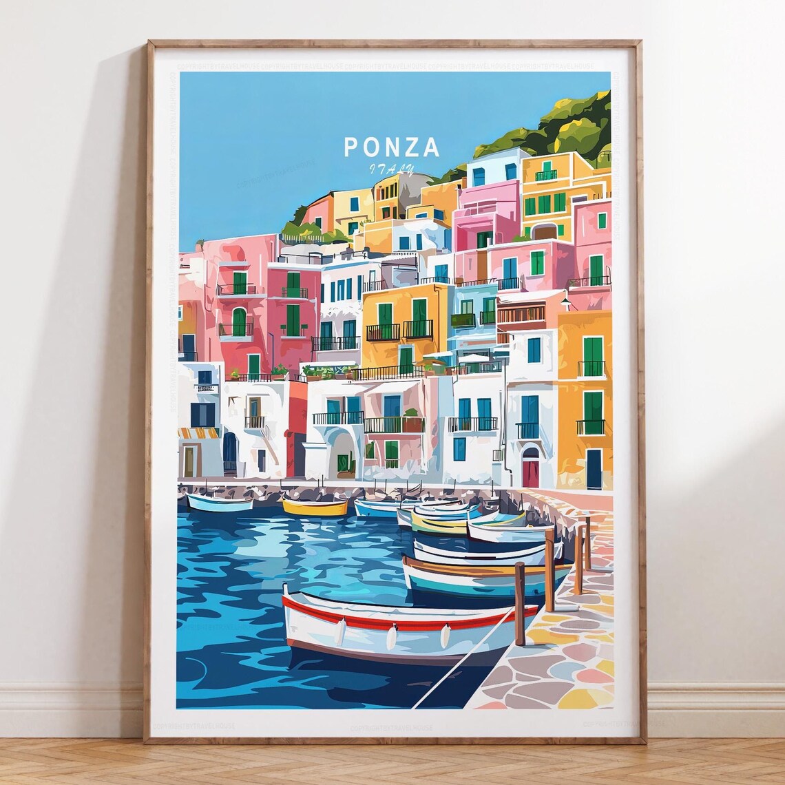 Ponza Travel Poster, Minimalist Italy Cityscape
