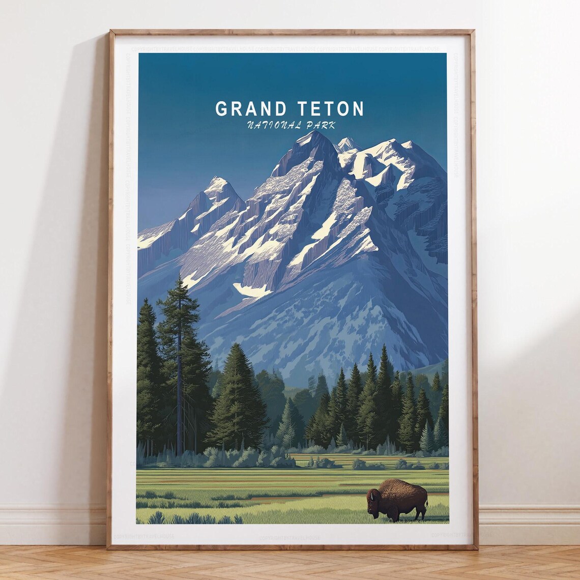 Grand Teton National Park Bison Grazing Meadow Scenic Travel Poster