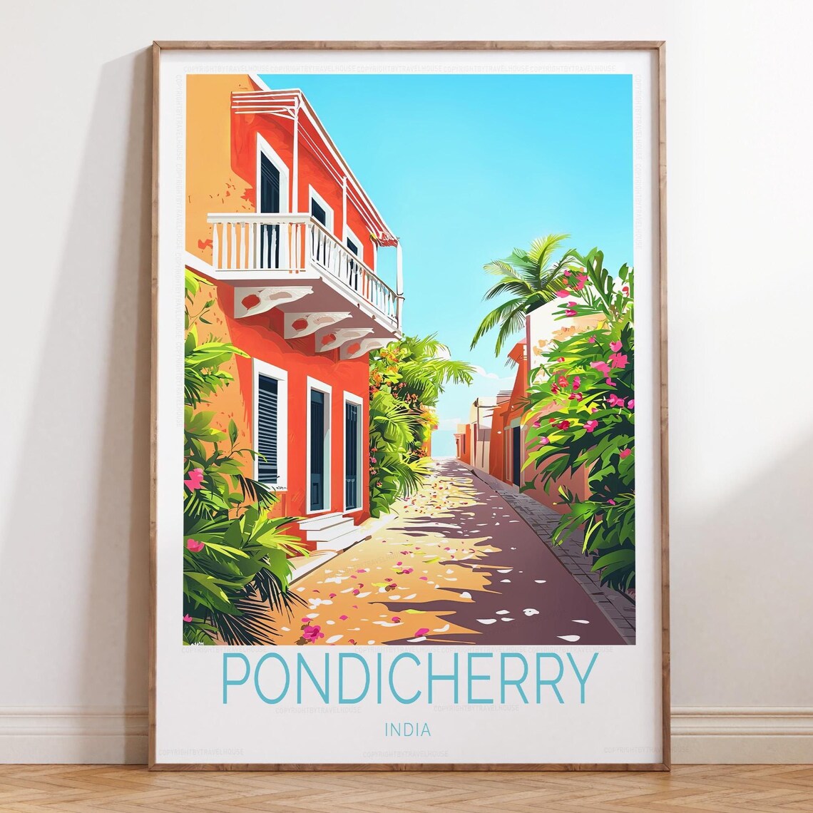 Pondicherry India Retro Travel Poster Palm Street Bougainvillea Scene