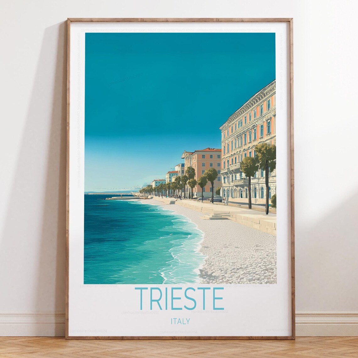 Trieste Italy Waterfront Promenade Beach Minimalist Travel Poster Art