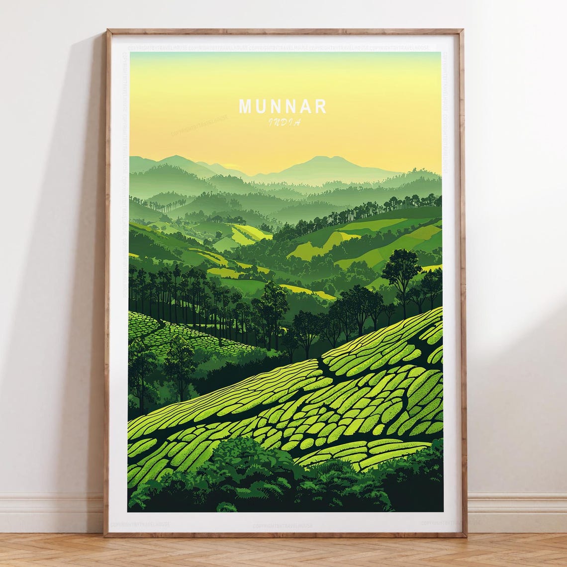 Munnar India Minimalist Tea Fields Golden Yellow Sky Travel Poster
