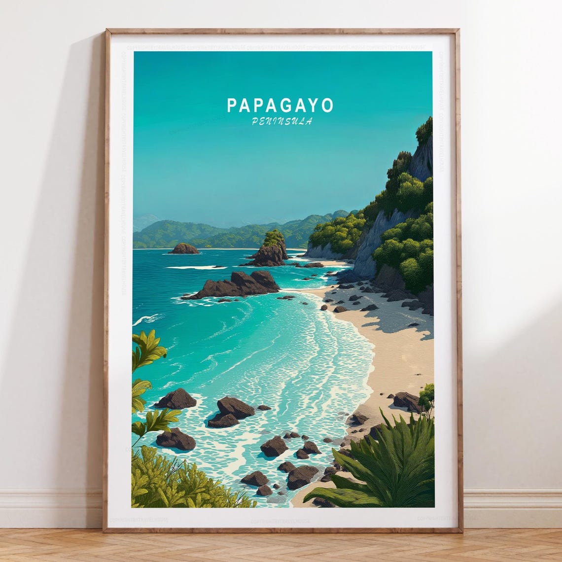 Papagayo Peninsula Travel Poster Sandy Beach Under Green Cliffs