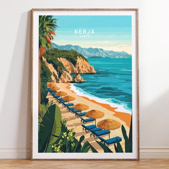 Nerja Spain Cliff Beach Straw Umbrellas Along Coast Travel Poster