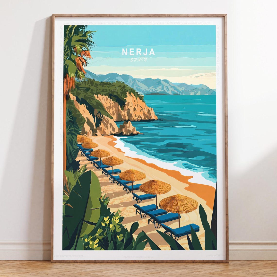 Nerja Spain Cliff Beach Straw Umbrellas Along Coast Travel Poster
