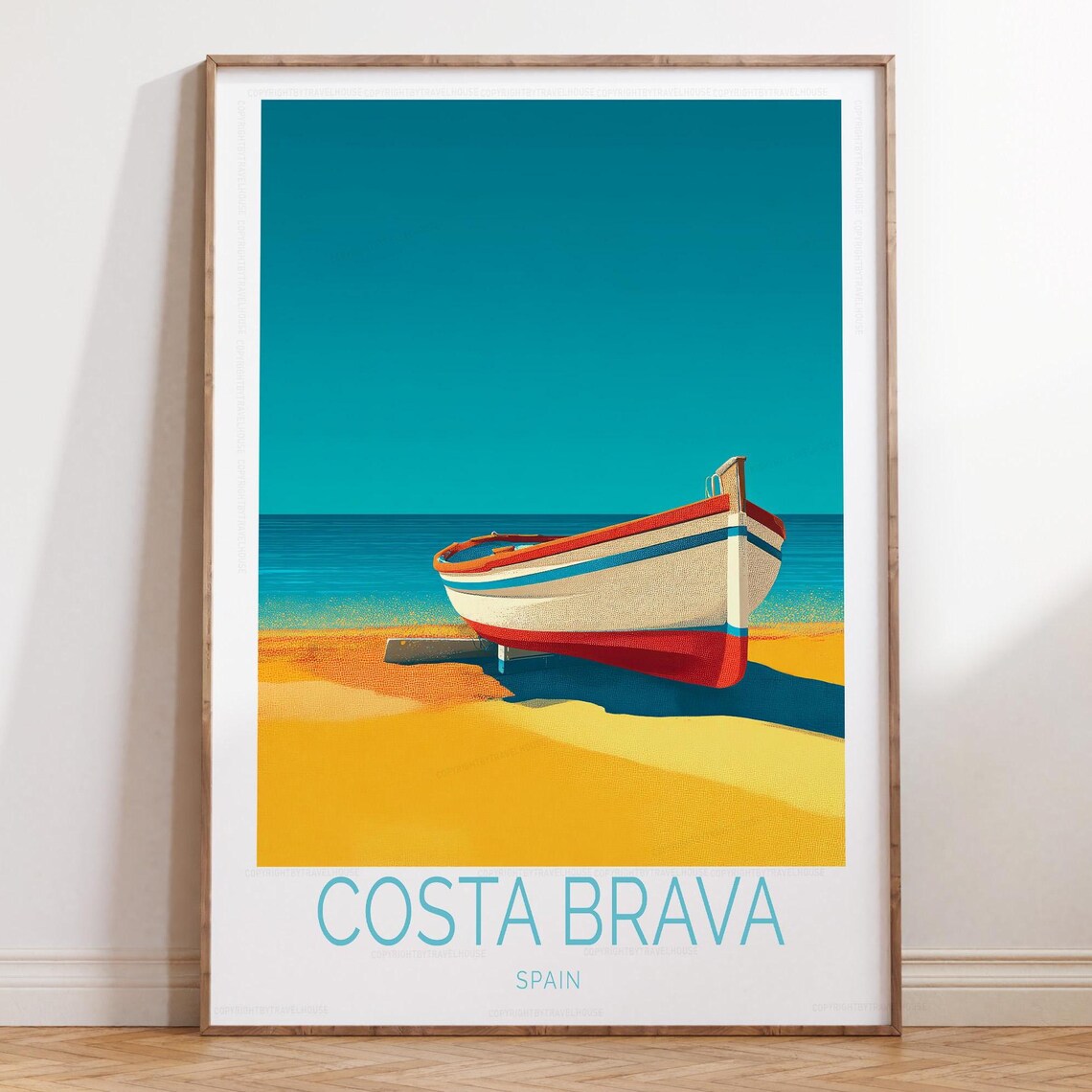 Costa Brava Spain Boat Side View Poster Teal Sky Beach Scene