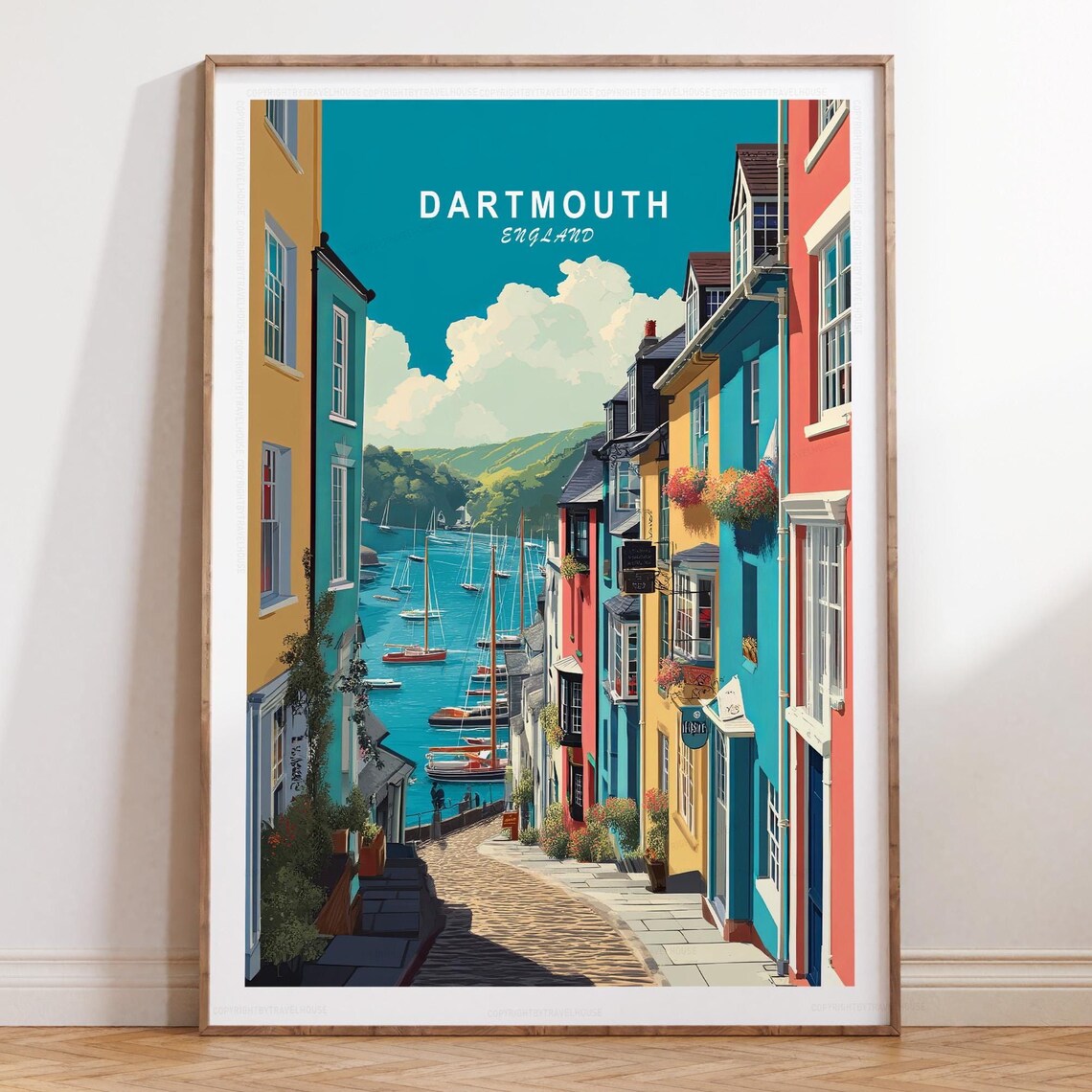Dartmouth England Colorful Harbor Street Sailboats Travel Poster