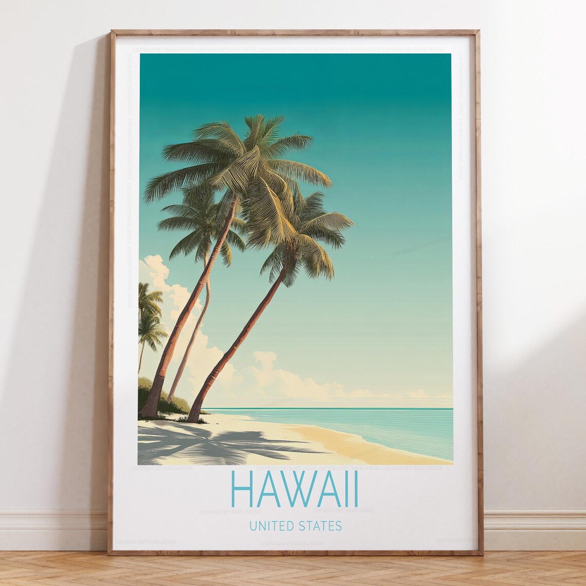 Hawaii United States Beach Palm Trees Vintage Style Travel Poster