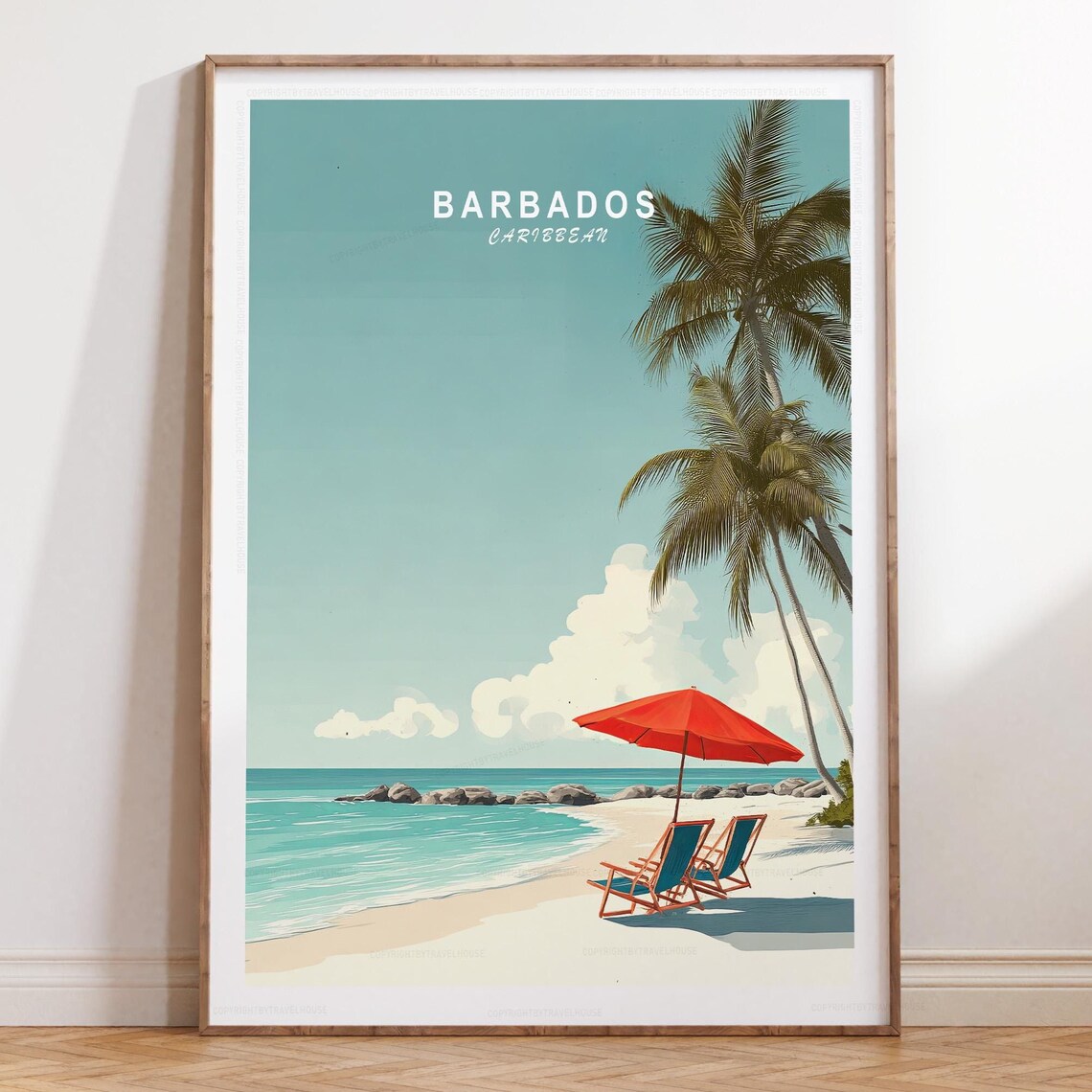 Barbados Caribbean Beach Red Umbrella Palm Trees Travel Poster
