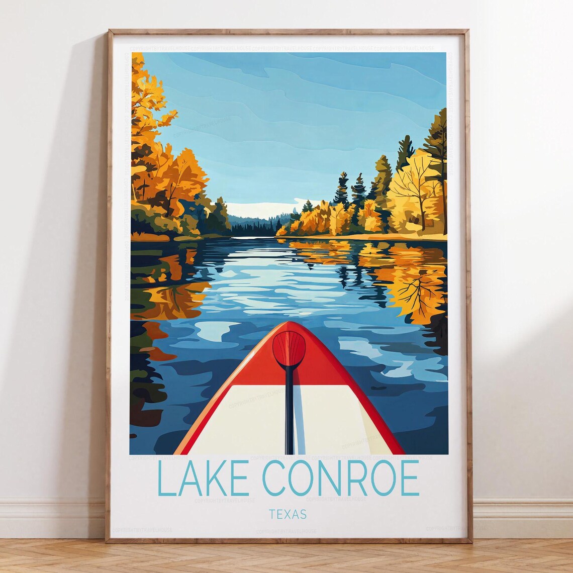 Lake Conroe Texas Red Canoe Autumn Lake Scenic Travel Poster