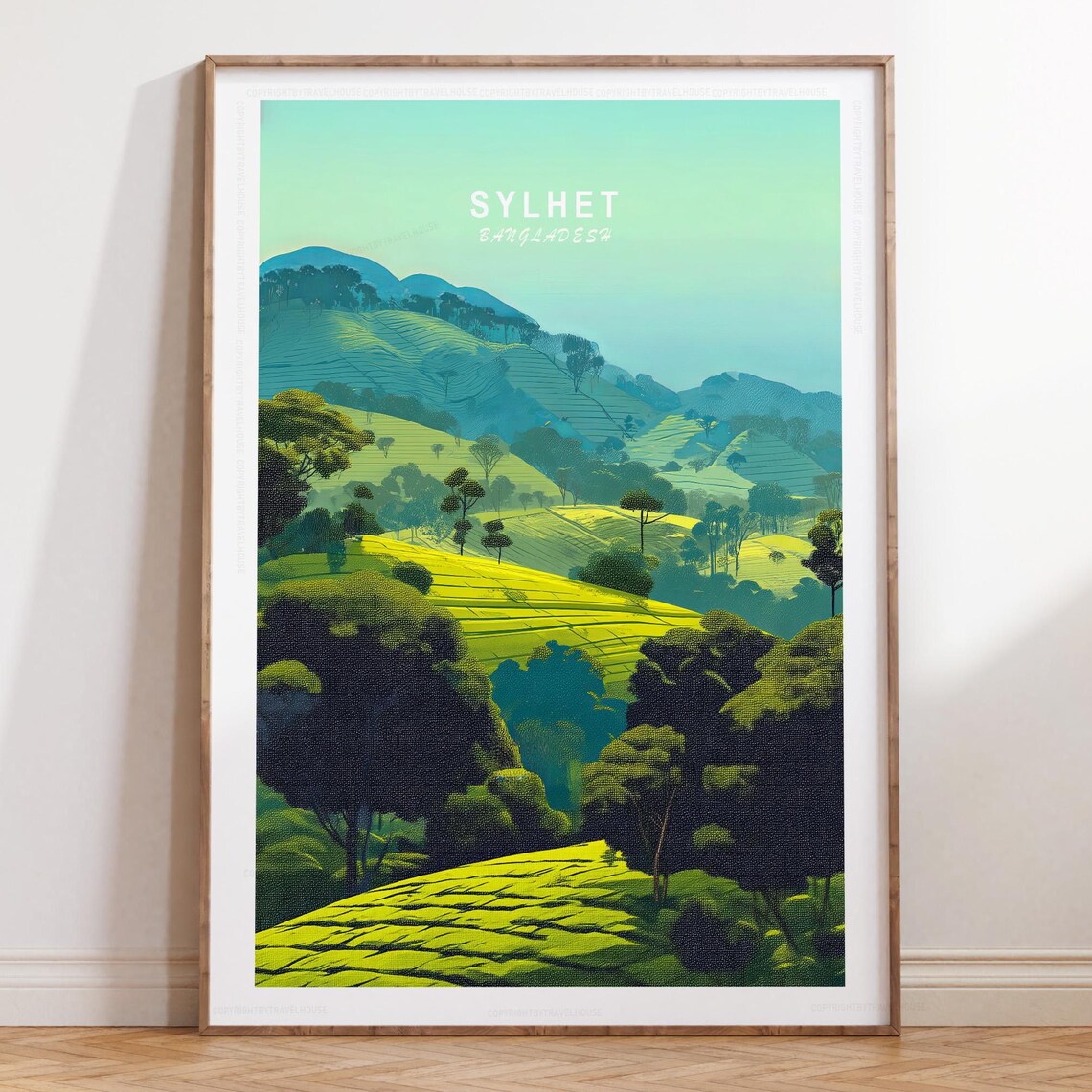 Sylhet Bangladesh Rolling Tea Hills Misty Green Travel Poster
