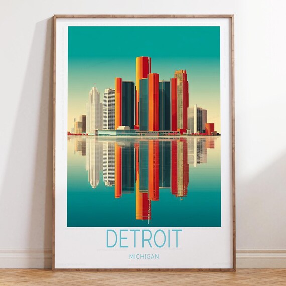Detroit Michigan Sunset Skyline Reflection River Travel Poster
