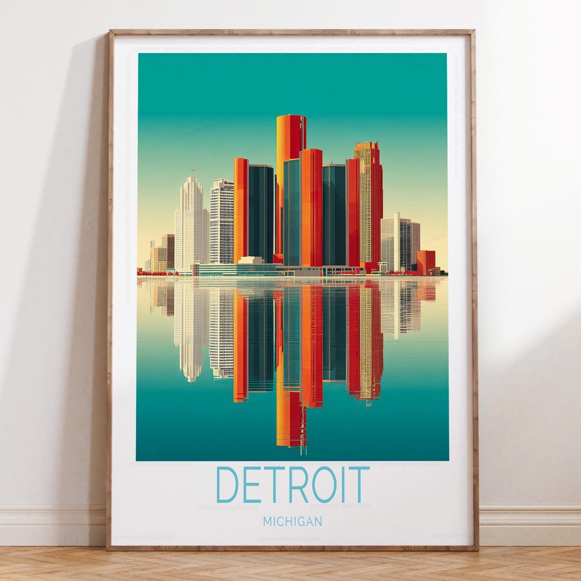 Detroit Michigan Sunset Skyline Reflection River Travel Poster