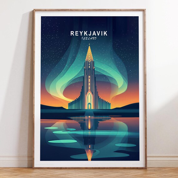 Reykjavik Iceland Northern Lights Church Night Reflection Travel Poster