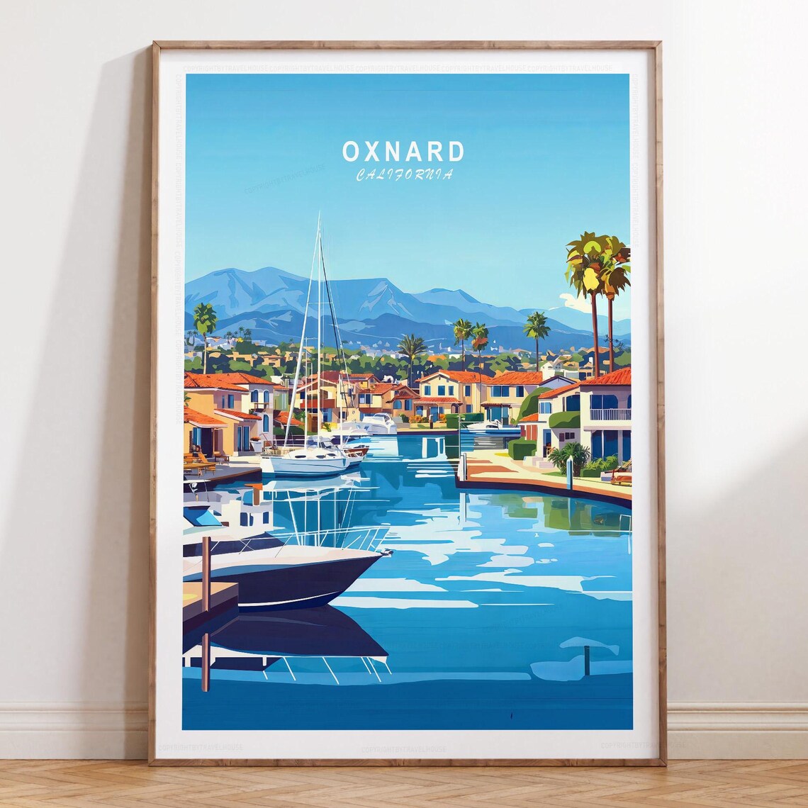 Oxnard California Sailboat Harbor Palm Trees Mountain Travel Poster