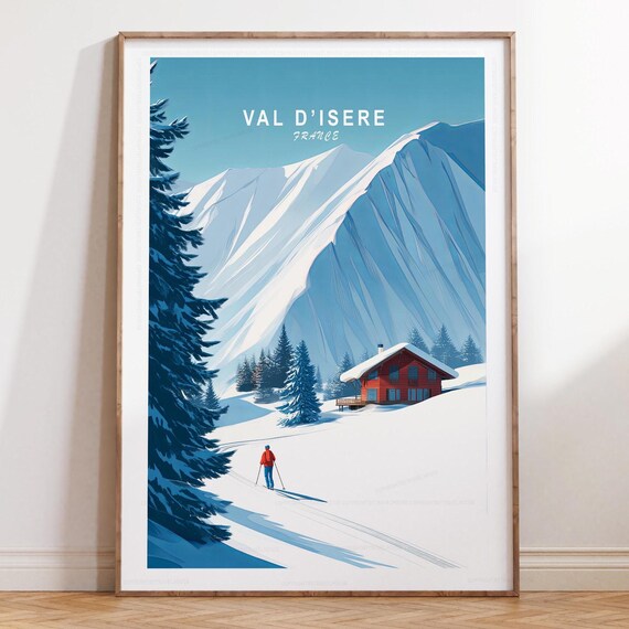 Val d'Isere France Skier Snowy Chalet Alpine Winter Travel Poster