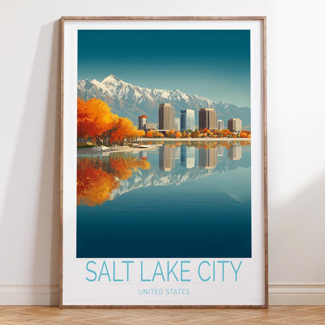Salt Lake City United States Autumn Skyline Lake Travel Poster