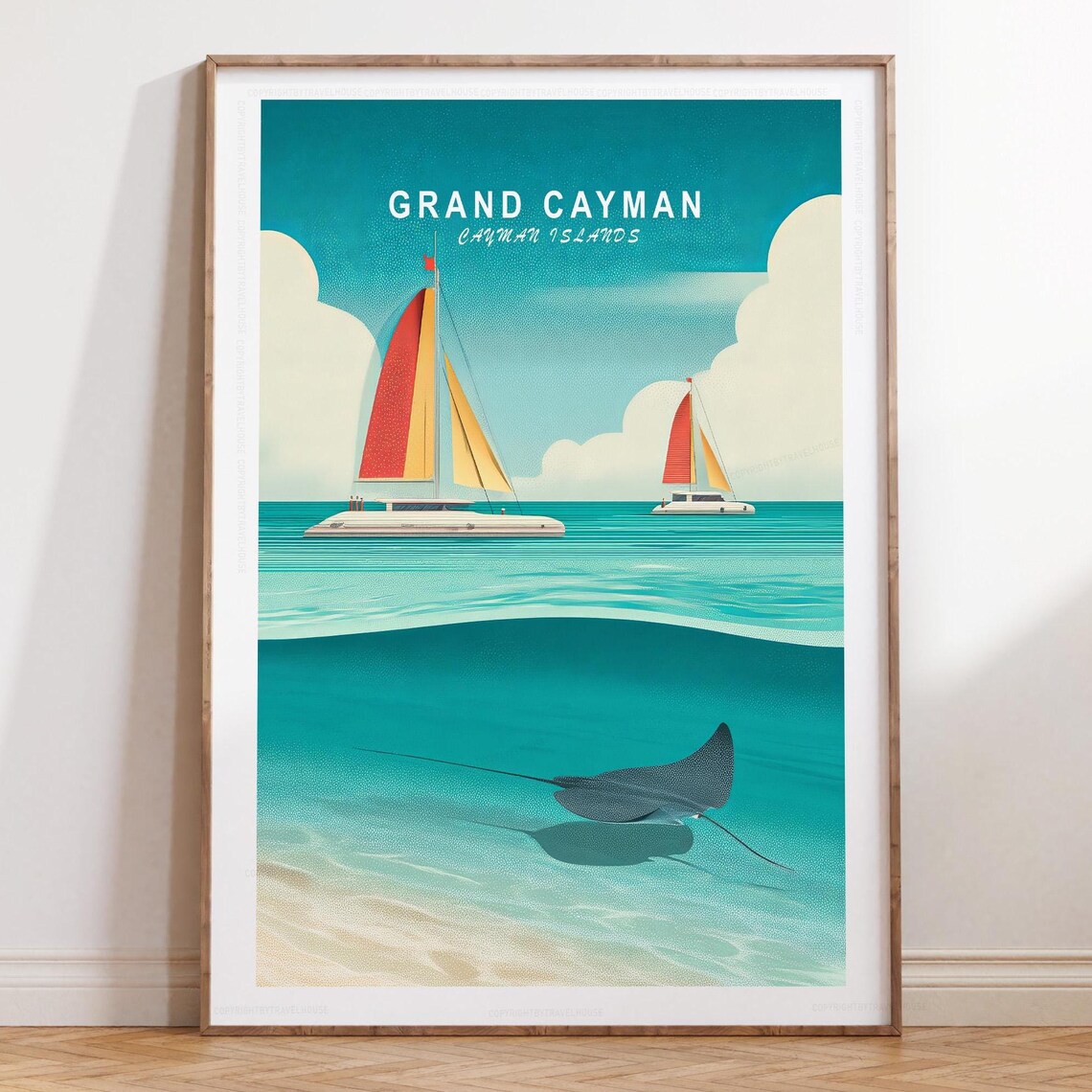 Grand Cayman Vintage Sailing Boats and Stingray Travel Poster Art