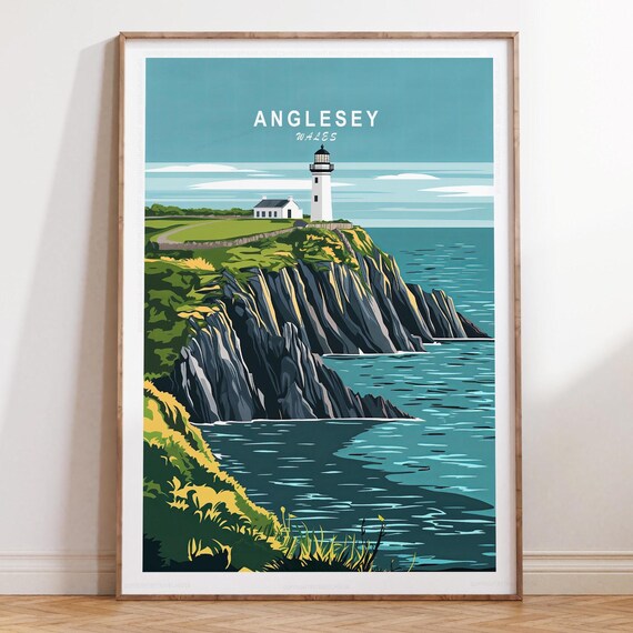 Anglesey Wales Cliff Top Lighthouse Under Teal Sky Travel Poster