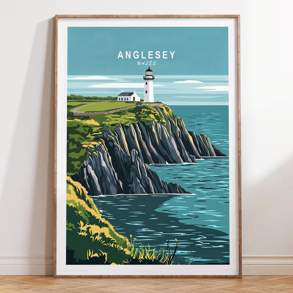 Anglesey Wales Cliff Top Lighthouse Under Teal Sky Travel Poster