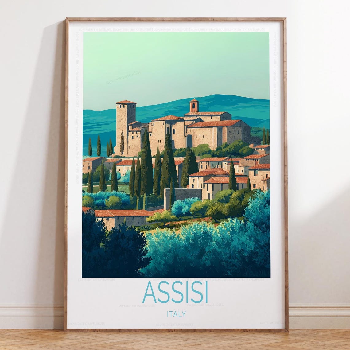 Assisi Italy Basilica Twin Towers Cypress Trees Travel Poster
