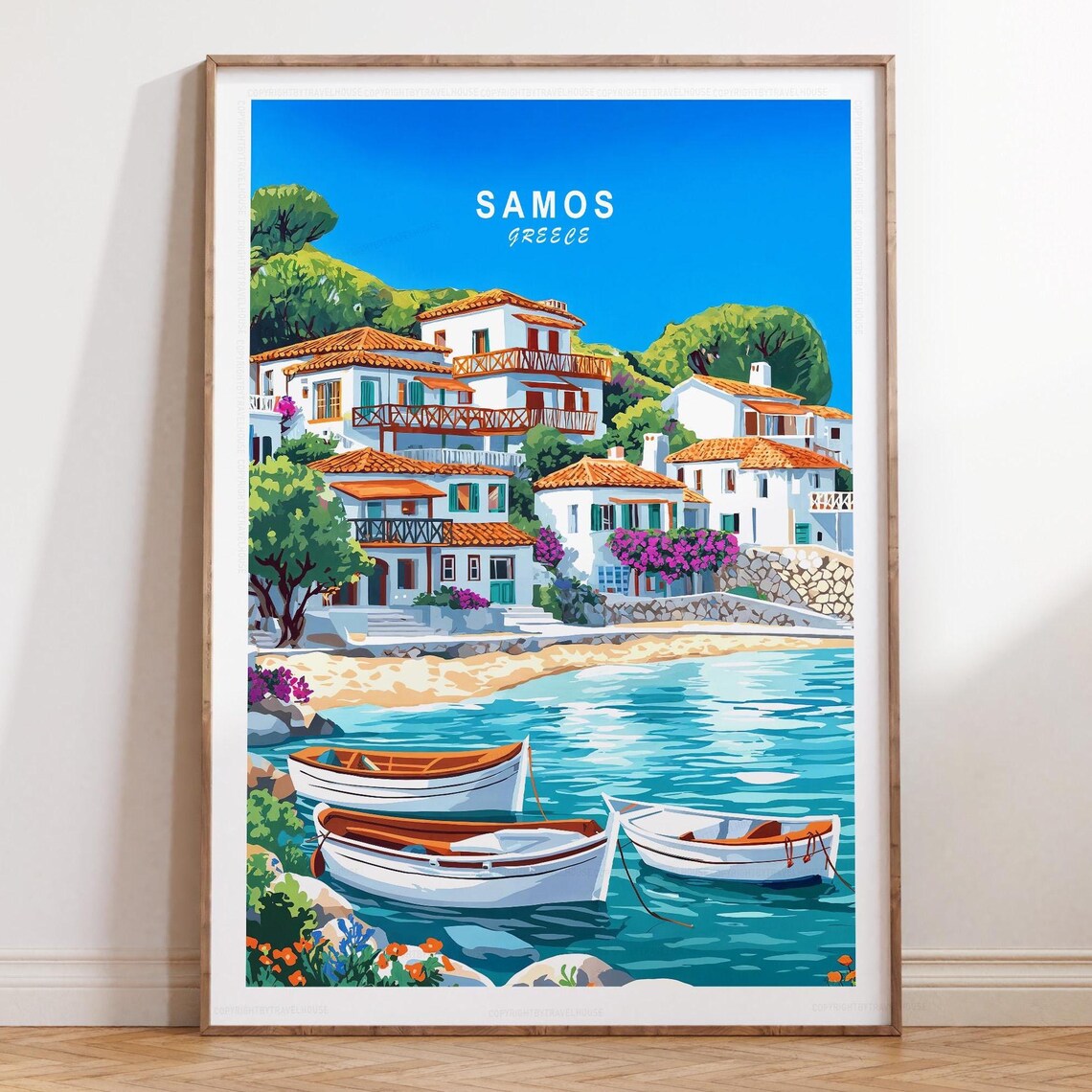 Samos Greece Aegean Harbor Colorful Boats Village Travel Poster