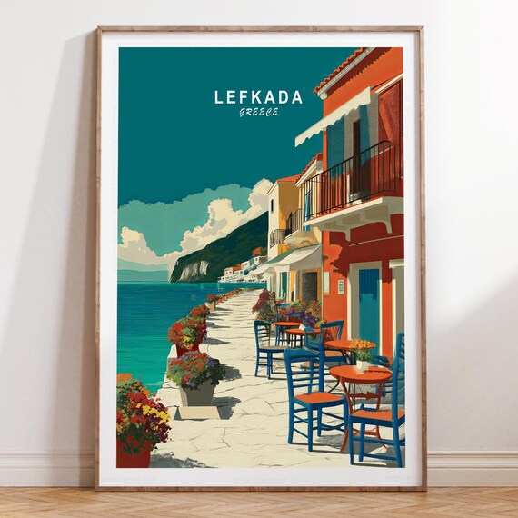 Lefkada Greece Waterfront Promenade with Cafe Chairs Travel Poster