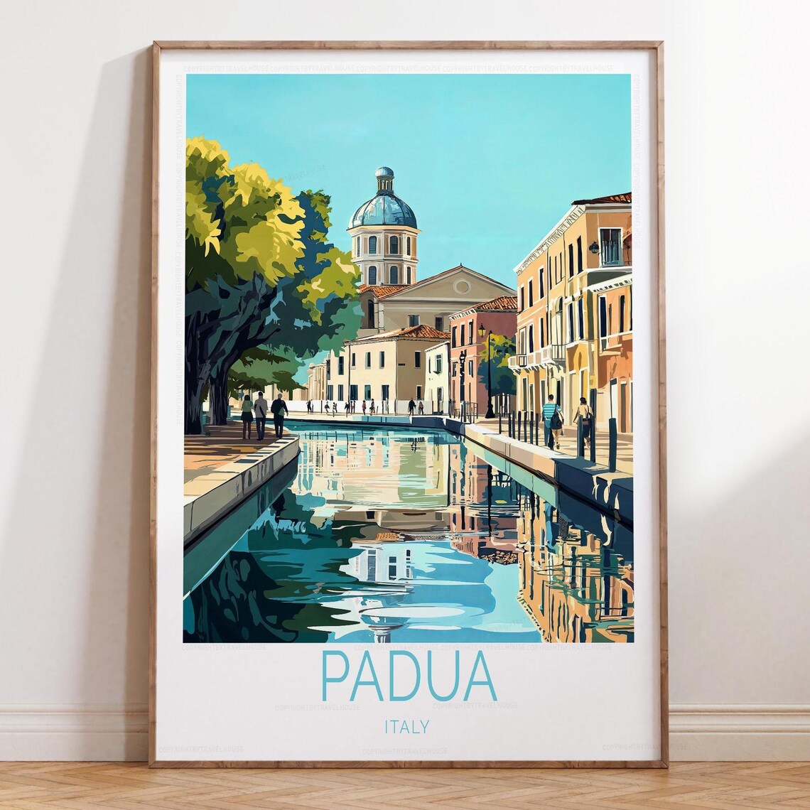 Padua Italy Canal Domed Church Bottom Title Italian Travel Poster