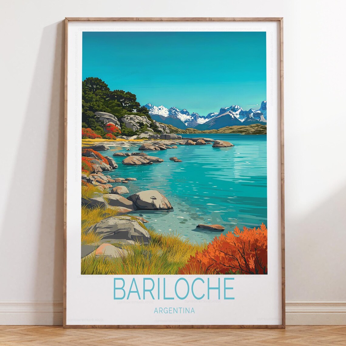 Bariloche Turquoise Lake Rocky Shore Snowy Peaks Argentina Poster