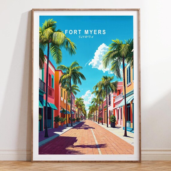 Fort Myers Florida Travel Poster with Palm-Lined Downtown Street