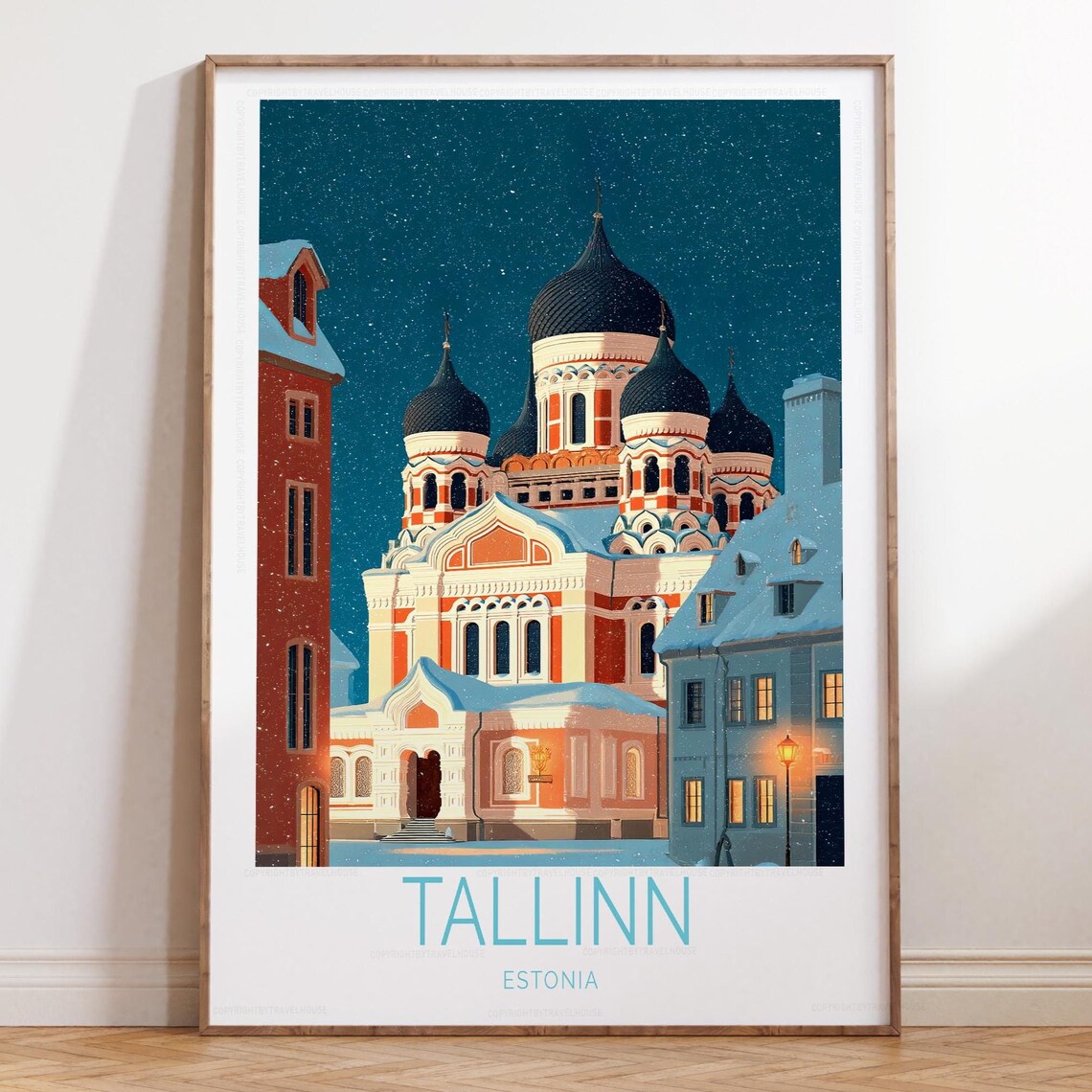 Tallinn Estonia Travel Poster - Snowy Onion Dome Cathedral Night Scene
