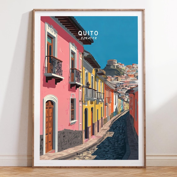 Quito Ecuador Hillside Cityscape Colonial Street Travel Poster Art