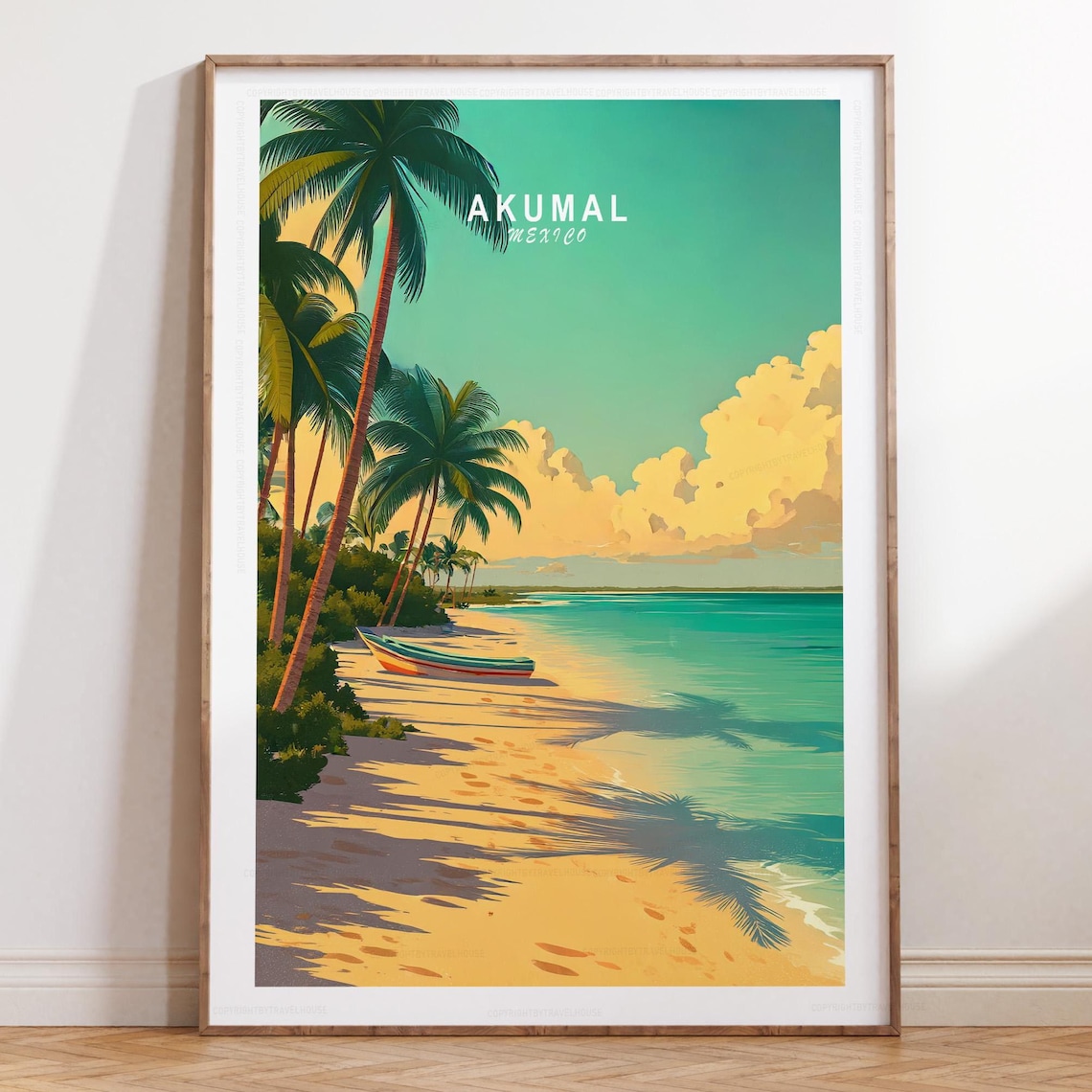 Akumal Mexico Tropical Palm Beach Golden Sunset Canoe Travel Poster