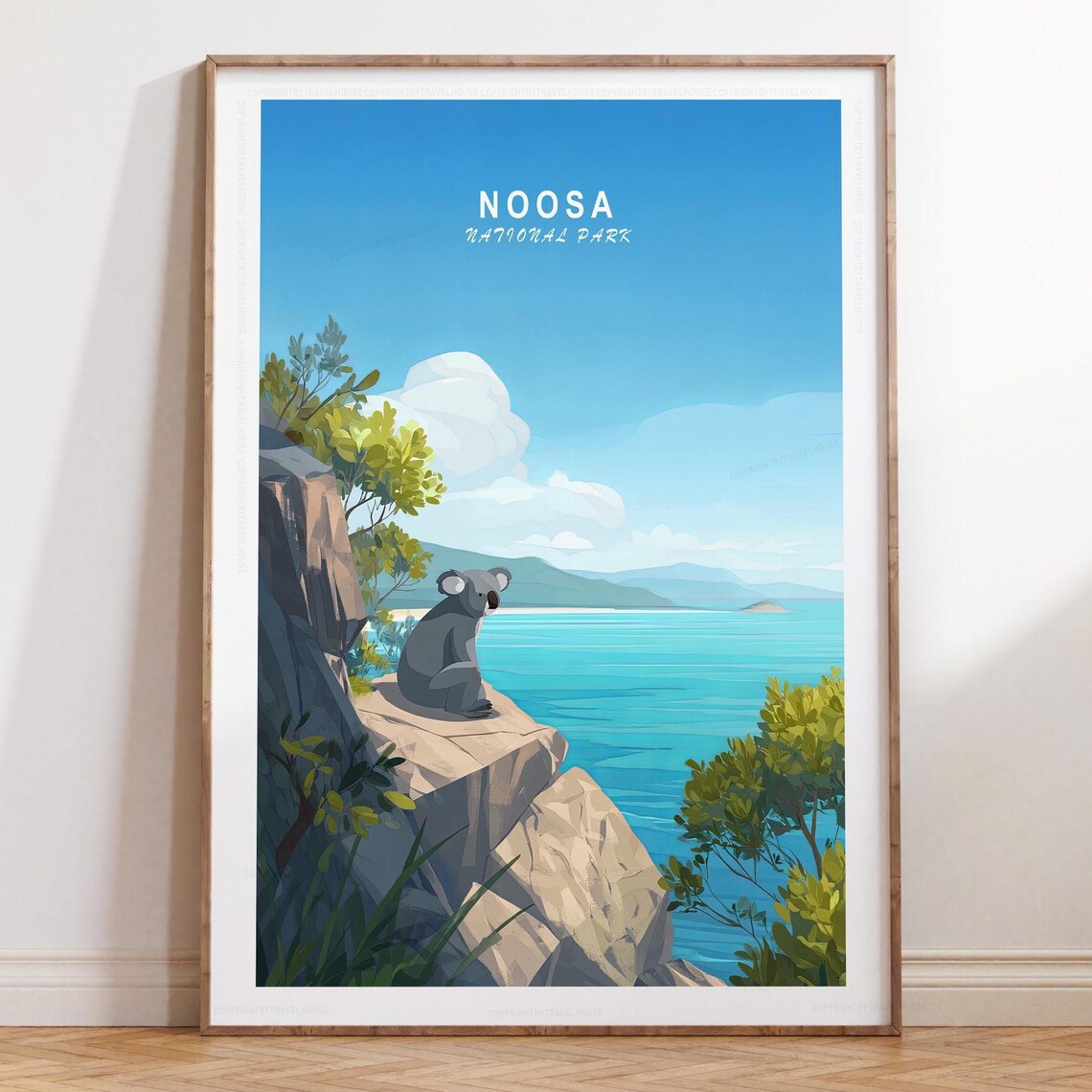 Noosa National Park Koala Cliff Lagoon Blue Sky Vintage Travel Poster