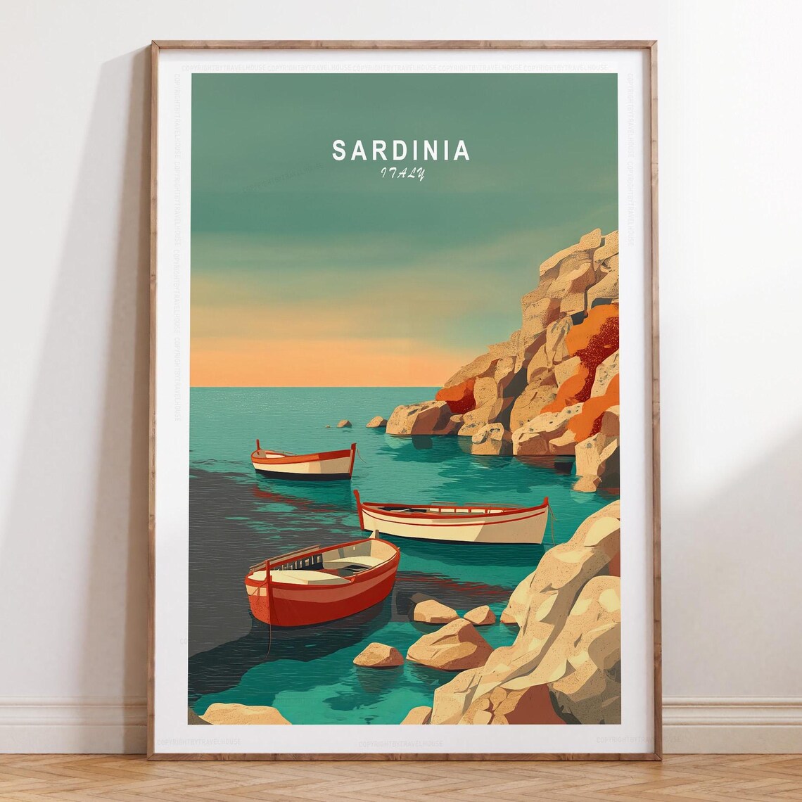 Sardinia Italy Rocky Cove Rowboats Sunset Sea Shore Travel Poster